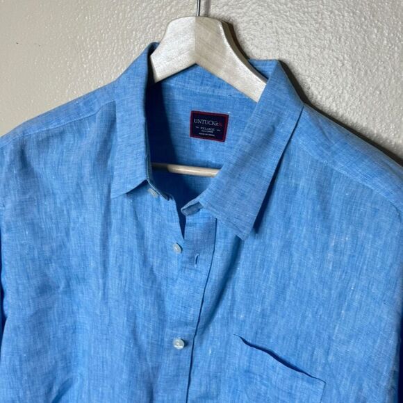 Untuckit Shirt Mens XXL Teal Blue Button Up Long Sleeve Linen Pocket Casual - Picture 2 of 9